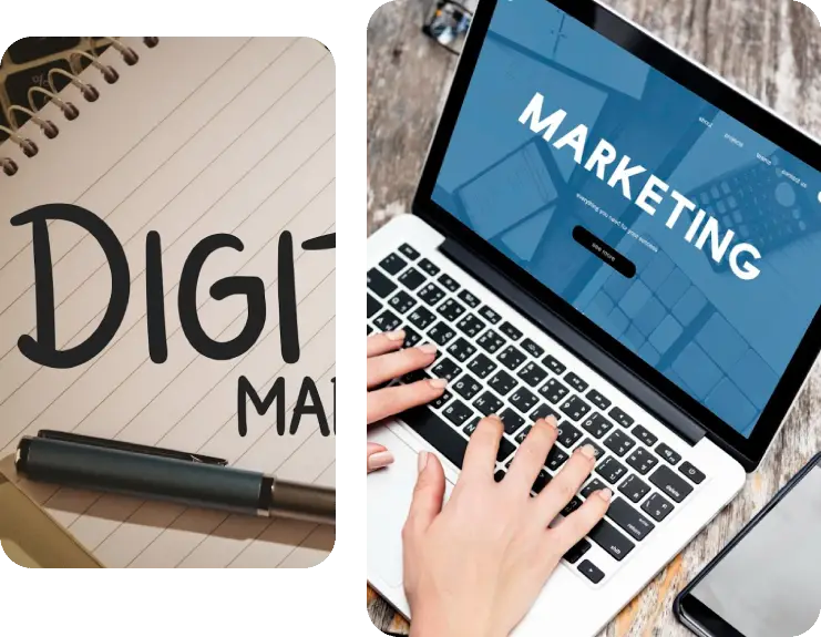 A close-up of a handwritten _DIGITAL MARKETING_ note beside a laptop displaying a marketing webpage, with hands typing on the keyboard A close-up of a handwritten _DIGITAL MARKETING_ note beside a laptop displaying a marketing webpage, with hands typing on the keyboard