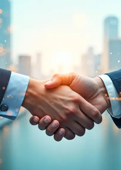 Two business professionals engage in a firm handshake, set against a blurred city skyline during sunset